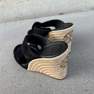 Tory Burch Black Suede Espadrille Wedge Sandals with Rope Platform